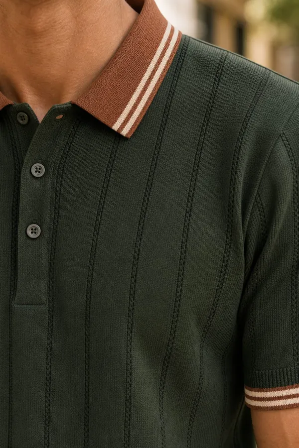 Mehendi_Cotton_Knit_Vertical_Stripe_Polo_T-Shirt_For_Men