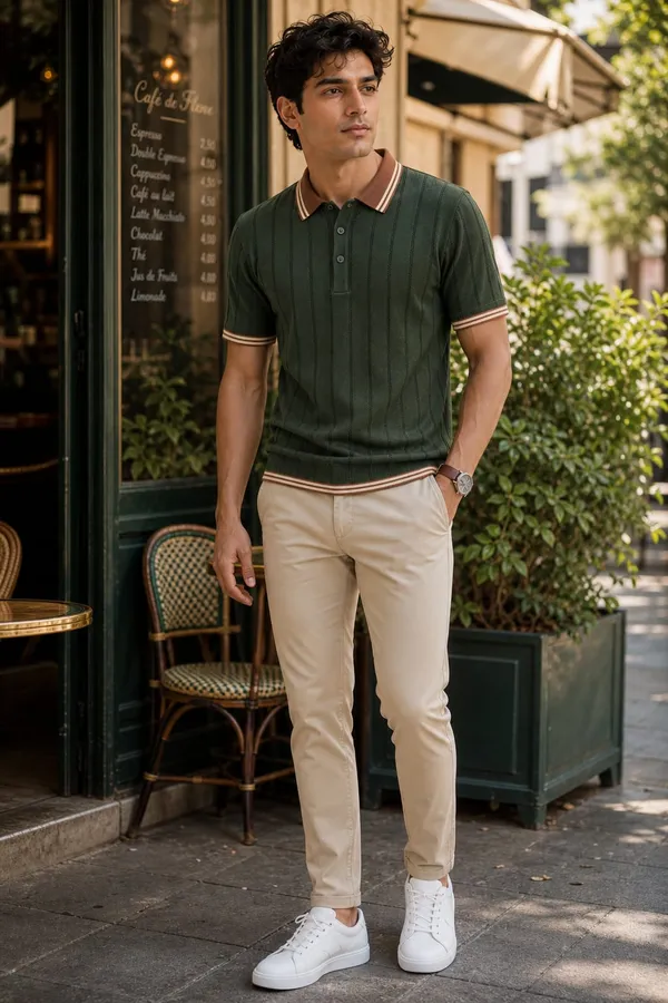 Mehendi_Cotton_Knit_Vertical_Stripe_Polo_T-Shirt_For_Men