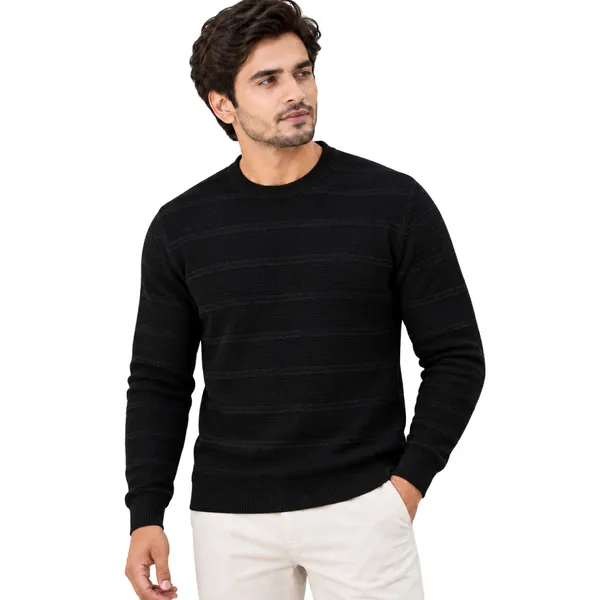 Black_Cotton_Ribbed_Knit_Crew_Neck_Pullover_T-Shirt_For_Men