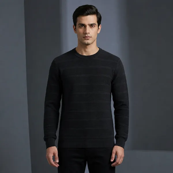 Black_Cotton_Ribbed_Knit_Crew_Neck_Full_Sleeve_T-Shirt_For_Men