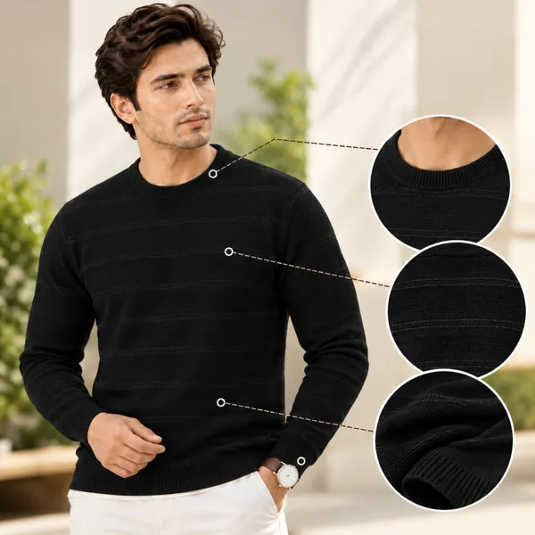 Black_Cotton_Ribbed_Knit_Crew_Neck_Pullover_T-Shirt_For_Men