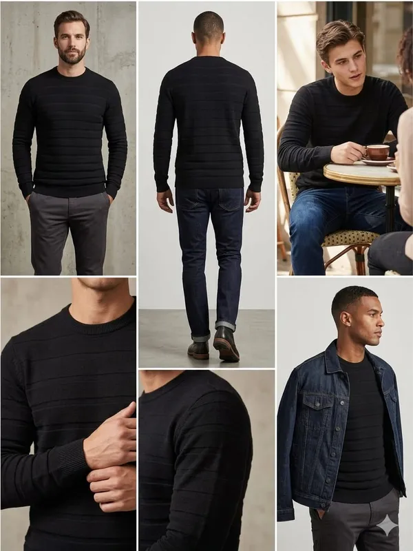 Black_Cotton_Ribbed_Knit_Crew_Neck_Full_Sleeve_T-Shirt_For_Men