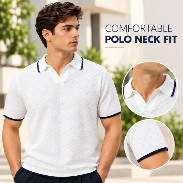 White_Cotton_Textured_Contrast_Collar_Regular_Fit_Polo_T-Shirt_For_Men