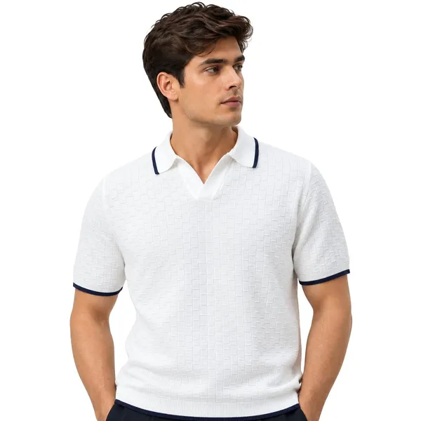 White_Cotton_Textured_Contrast_Collar_Regular_Fit_Polo_T-Shirt_For_Men