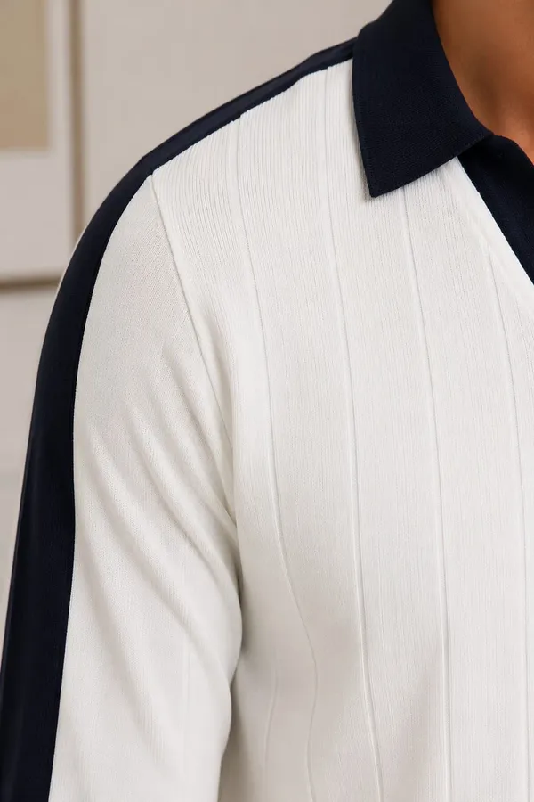 White_Cotton_Ribbed_Knit_Contrast_Trim_Polo_Pullover_For_Men