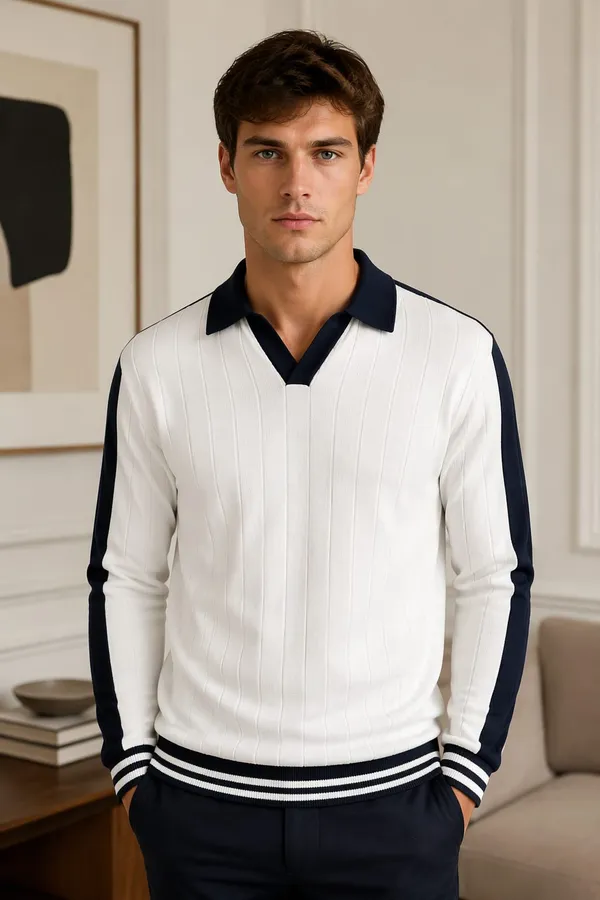White_Cotton_Ribbed_Knit_Contrast_Trim_Polo_Pullover_For_Men