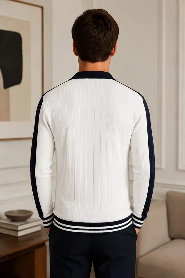 White_Cotton_Ribbed_Knit_Contrast_Trim_Polo_Pullover_For_Men