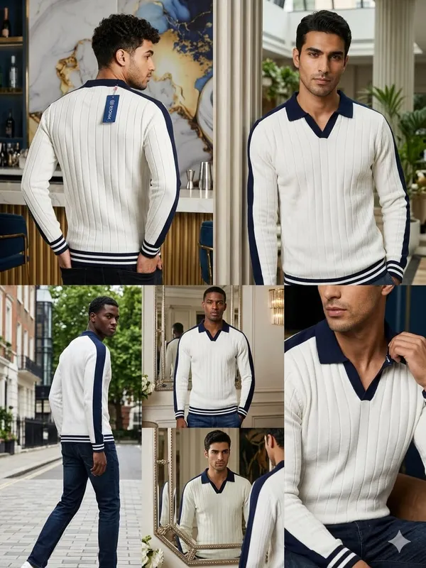 White_Cotton_Ribbed_Knit_Contrast_Trim_Polo_Pullover_For_Men