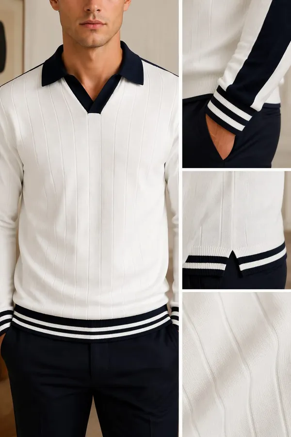White_Cotton_Ribbed_Knit_Contrast_Trim_Polo_Pullover_For_Men