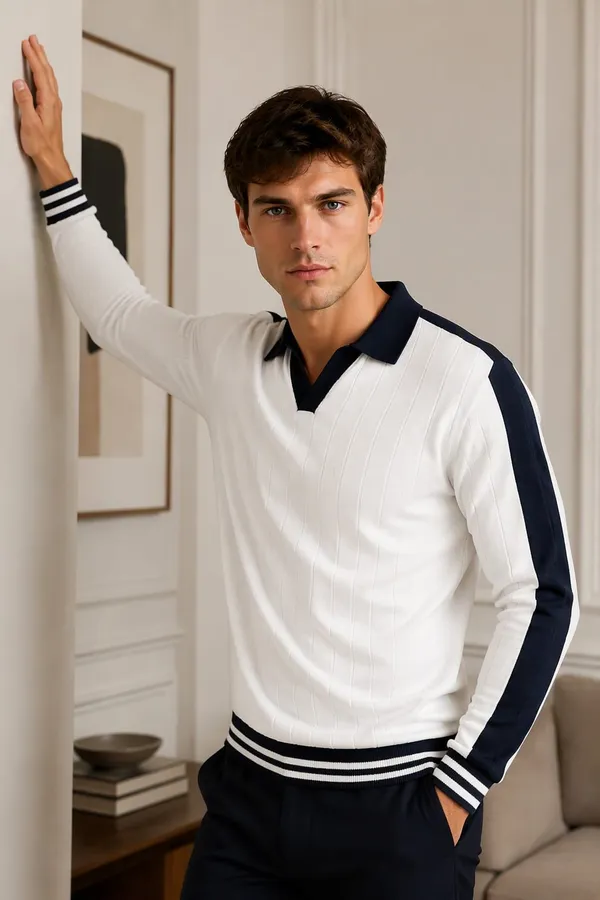 White_Cotton_Ribbed_Knit_Contrast_Trim_Polo_Pullover_For_Men
