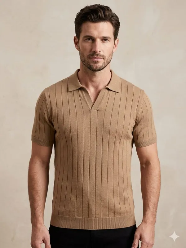 Brown_Cotton_Nylon_Ribbed_Knit_Polo_Collar_T-Shirt_For_Men