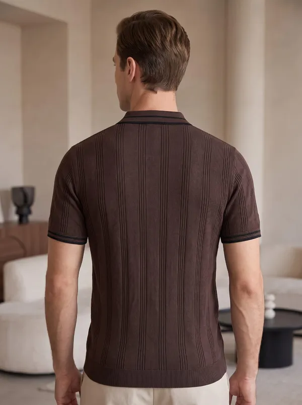 Coffee_Textured_Knit_Contrast_Trim_Zip_Polo_T-Shirt_For_Men