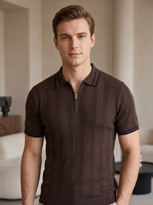 Coffee_Textured_Knit_Contrast_Trim_Zip_Polo_T-Shirt_For_Men