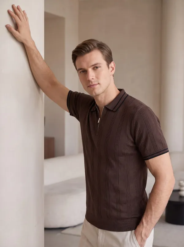 Coffee_Textured_Knit_Contrast_Trim_Zip_Polo_T-Shirt_For_Men