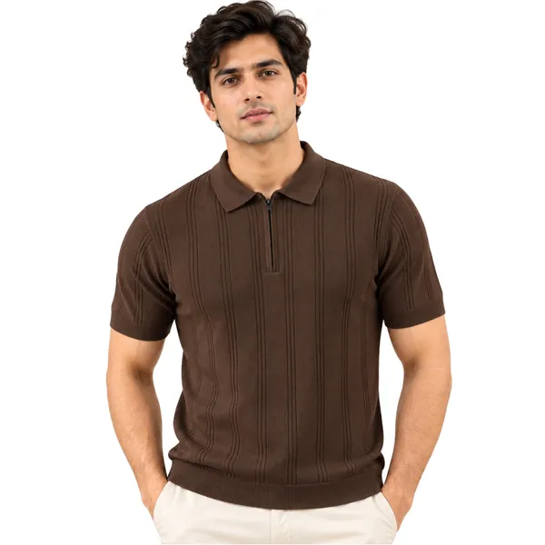 Coffee_Textured_Knit_Contrast_Trim_Zip_Polo_T-Shirt_For_Men