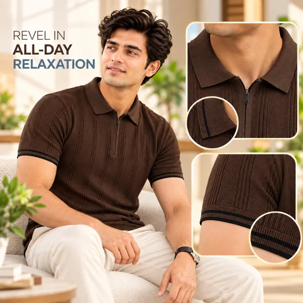 Coffee_Textured_Knit_Contrast_Trim_Zip_Polo_T-Shirt_For_Men
