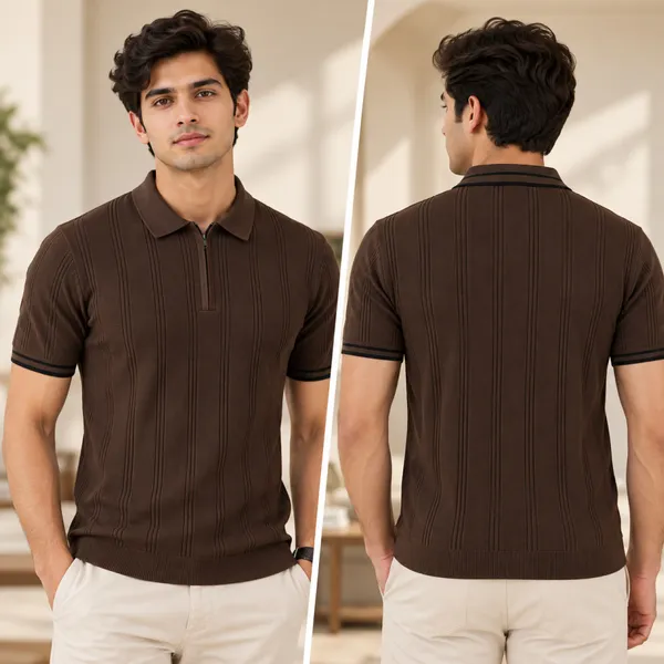 Coffee_Textured_Knit_Contrast_Trim_Zip_Polo_T-Shirt_For_Men