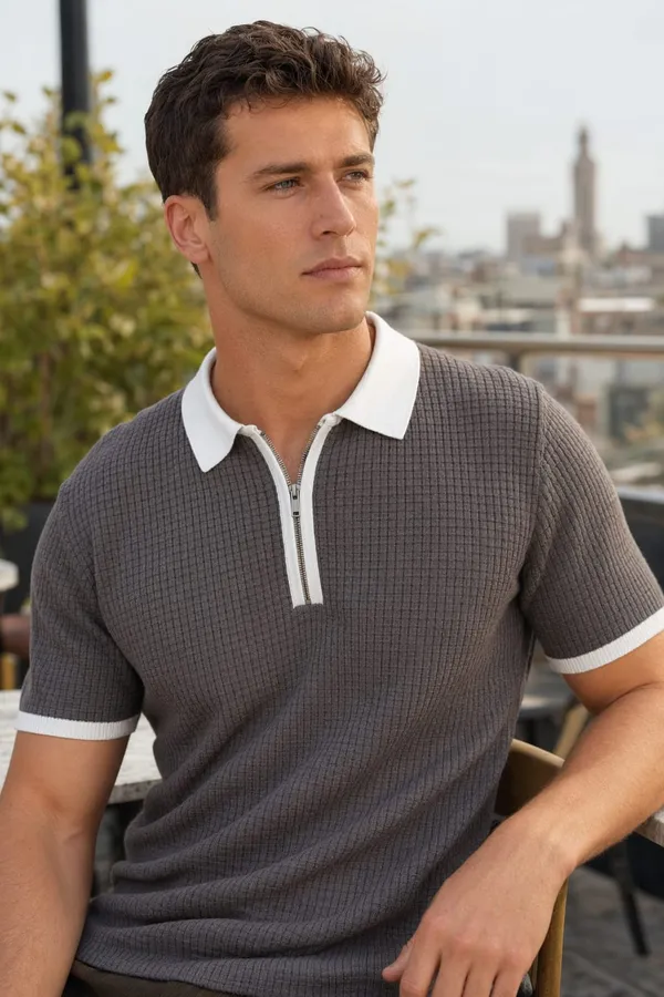 Grey_Waffle_Knit_Quarter_Zip_Polo_T-Shirt_For_Men