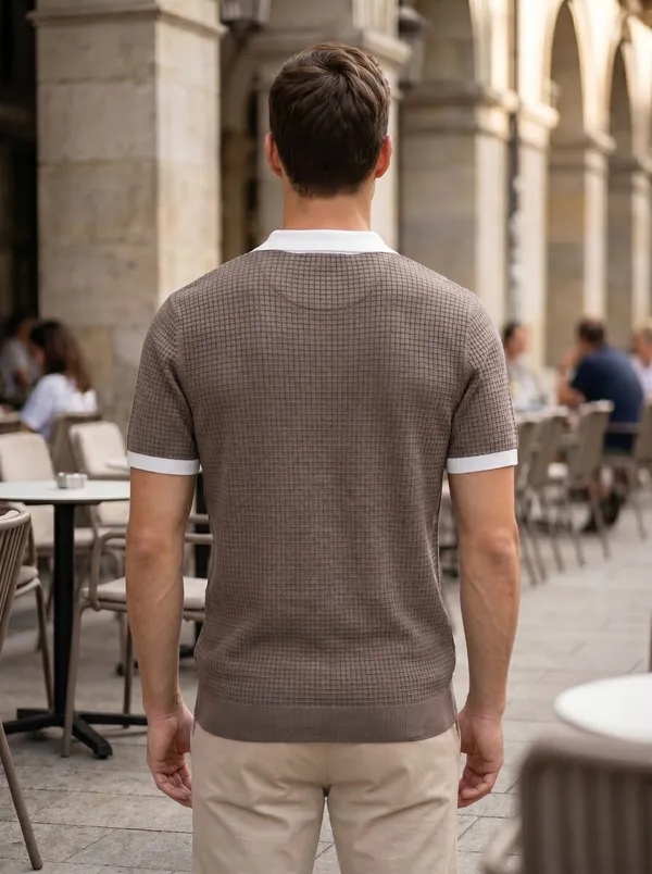 Grey_Waffle_Knit_Quarter_Zip_Polo_T-Shirt_For_Men