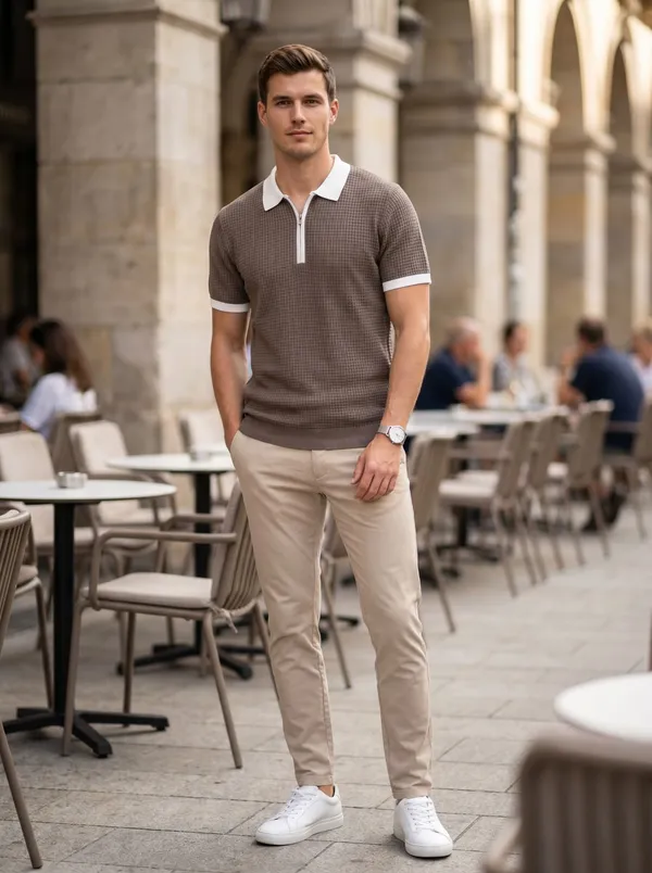 Grey_Waffle_Knit_Quarter_Zip_Polo_T-Shirt_For_Men
