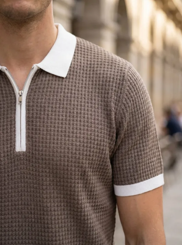 Grey_Waffle_Knit_Quarter_Zip_Polo_T-Shirt_For_Men