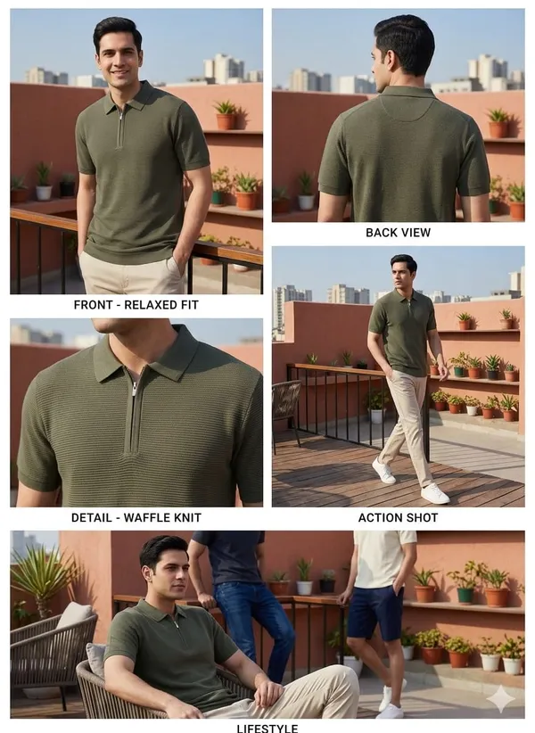 Olive_Green_Cotton_Textured_Knit_Quarter_Zip_Polo_T-Shirt_For_Men