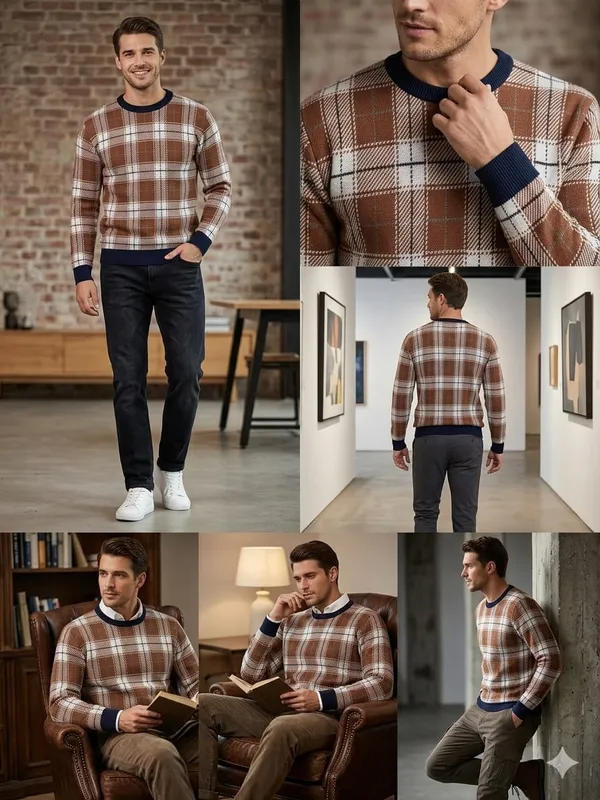 Brown_Cotton_Check_Jacquard_Knit_Relaxed_Fit_Pullover_Sweater_For_Men