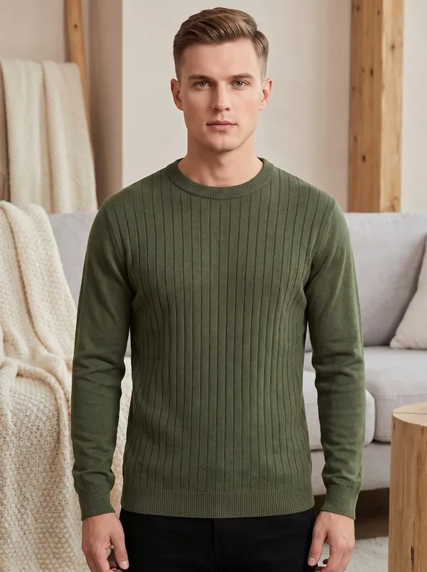 Bottle_Green_Cotton_Cable_Knit_Round_Neck_Sweater_For_Men