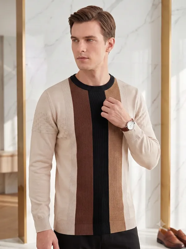 Multicolor_Cotton_Ribbed_Knit_Color_Block_Long_Sleeve_T-Shirt_For_Men