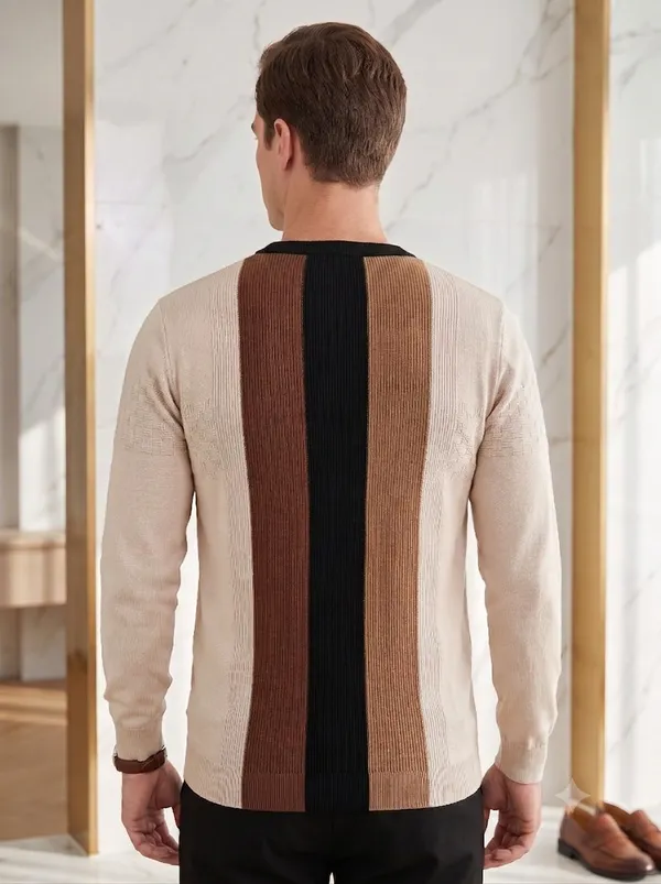Multicolor_Cotton_Ribbed_Knit_Color_Block_Long_Sleeve_T-Shirt_For_Men
