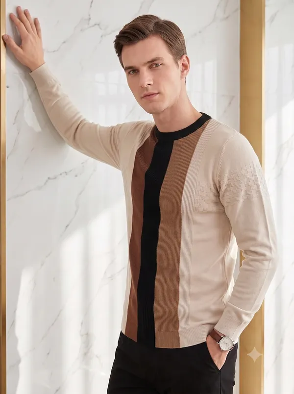 Multicolor_Cotton_Ribbed_Knit_Color_Block_Long_Sleeve_T-Shirt_For_Men