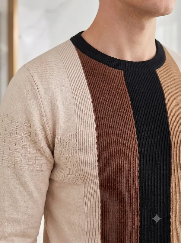 Multicolor_Cotton_Ribbed_Knit_Color_Block_Long_Sleeve_T-Shirt_For_Men