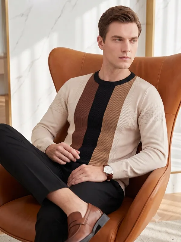 Multicolor_Cotton_Ribbed_Knit_Color_Block_Long_Sleeve_T-Shirt_For_Men
