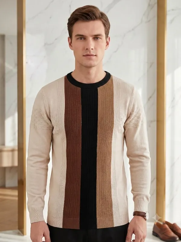 Multicolor_Cotton_Ribbed_Knit_Color_Block_Long_Sleeve_T-Shirt_For_Men