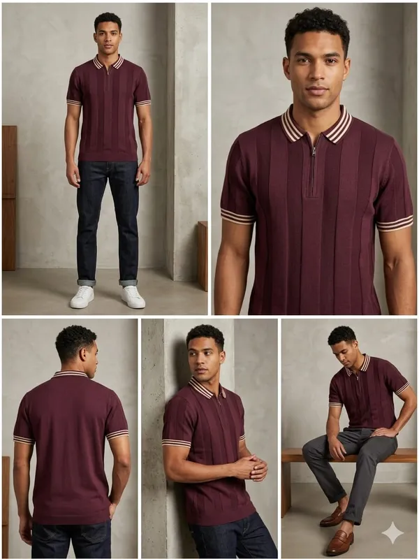 Wine_Cotton_Nylon_Striped_Knit_Zip_Collar_Polo_T-Shirt_For_Men