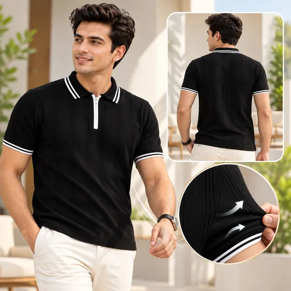 BLack_Textured_Knit_Contrast_Trim_Zip_Polo_T-Shirt_For_Men
