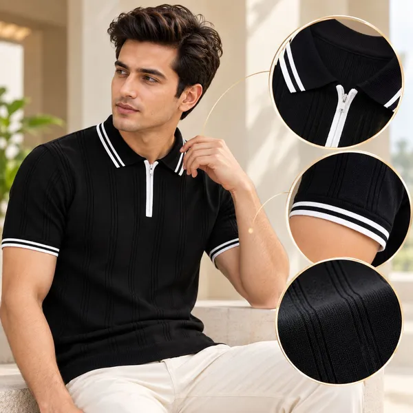 BLack_Textured_Knit_Contrast_Trim_Zip_Polo_T-Shirt_For_Men