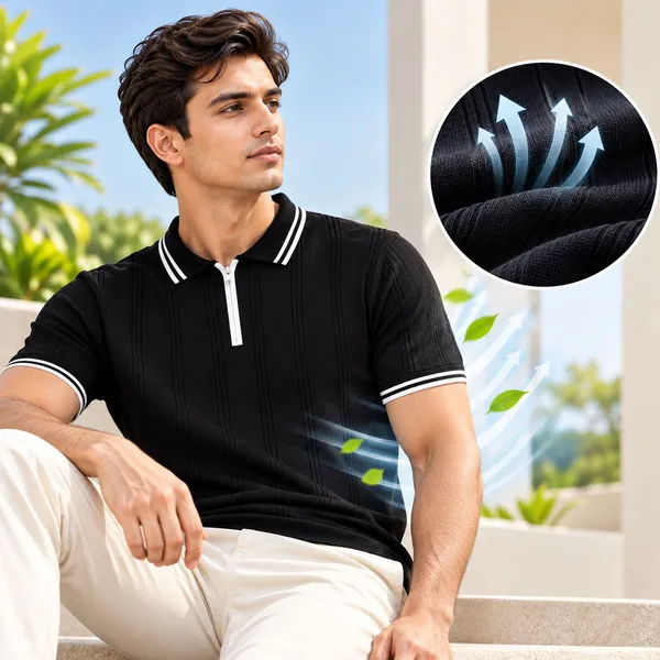 BLack_Textured_Knit_Contrast_Trim_Zip_Polo_T-Shirt_For_Men