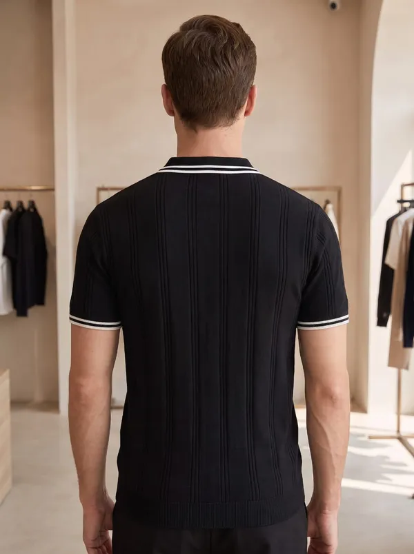 BLack_Textured_Knit_Contrast_Trim_Zip_Polo_T-Shirt_For_Men