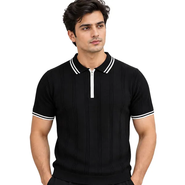 BLack_Textured_Knit_Contrast_Trim_Zip_Polo_T-Shirt_For_Men