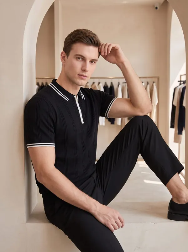 BLack_Textured_Knit_Contrast_Trim_Zip_Polo_T-Shirt_For_Men