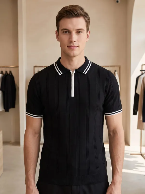 BLack_Textured_Knit_Contrast_Trim_Zip_Polo_T-Shirt_For_Men