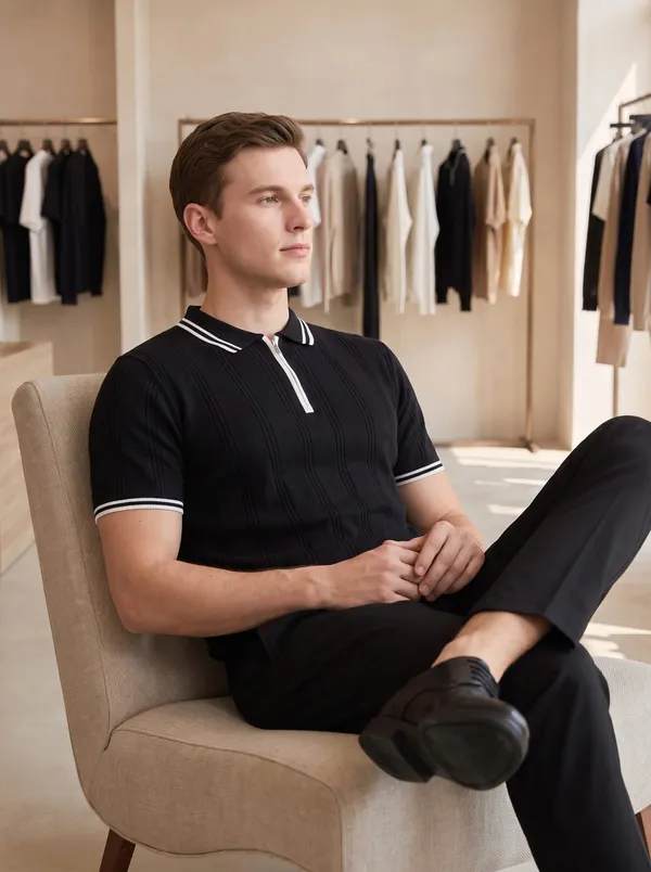 BLack_Textured_Knit_Contrast_Trim_Zip_Polo_T-Shirt_For_Men