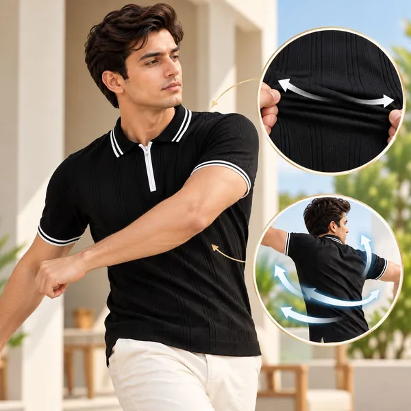BLack_Textured_Knit_Contrast_Trim_Zip_Polo_T-Shirt_For_Men