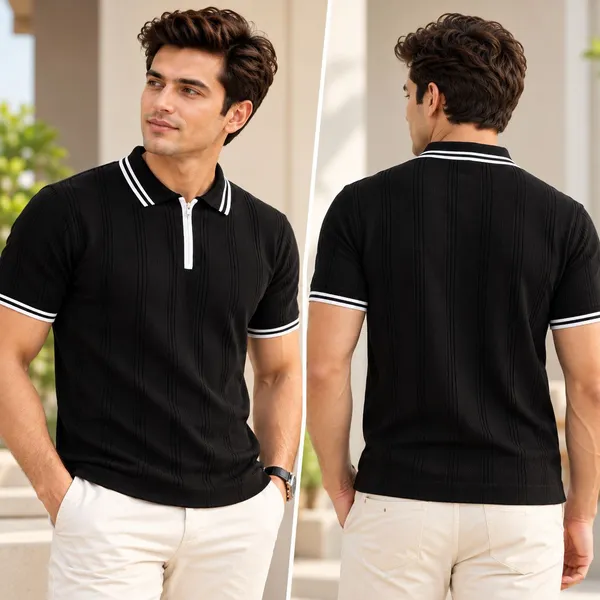 BLack_Textured_Knit_Contrast_Trim_Zip_Polo_T-Shirt_For_Men