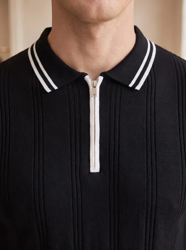 BLack_Textured_Knit_Contrast_Trim_Zip_Polo_T-Shirt_For_Men