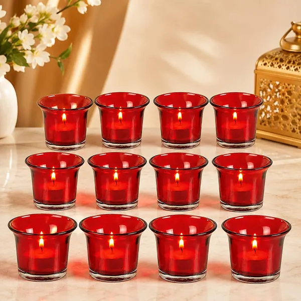 Tealight_Candle_Holder_Set_Of_12,Glass_Votive_Candle_Holders,Clear_Tea_Light_Holders_Bulk_For_Wedding_Holiday_Birthday_Party_Dinner_&_Home_Decor_(12,_Red)