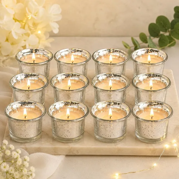 Tealight_Candle_Holder_Set_Of_6,Glass_Votive_Candle_Holders,Clear_Tea_Light_Holders_Bulk_For_Wedding_Holiday_Birthday_Party_Dinner_&_Home_Decor_(12,_Silver)