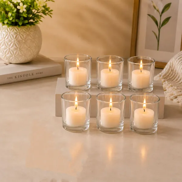 Manraj_Glass_Tealight_Candle_Holder_Set_Of_6,Glass_Votive_Candle_Holders,Clear_Tea_Light_Holders_Bulk_For_Wedding_Holiday_Birthday_Party_Dinner_&_Home_Decor_(6,_Clear)
