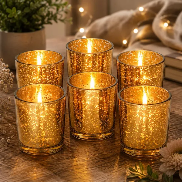 Manraj_Glass_Tealight_Candle_Holder_Set_Of_6,Glass_Votive_Candle_Holders,Clear_Tea_Light_Holders_Bulk_For_Wedding_Holiday_Birthday_Party_Dinner_&_Home_Decor_(6,_Gold)